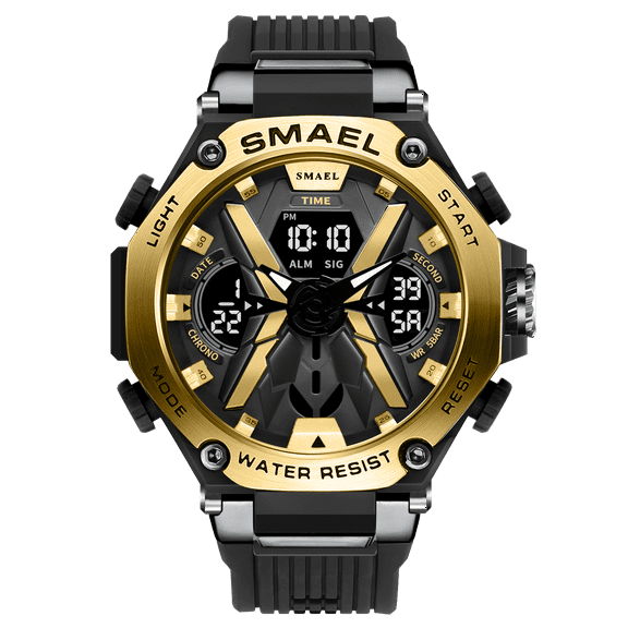 SMAEL Alloy Dial Quartz Digital Watch Men Military Waterproof Dual Display Backlight Outdoor Sports Stopwatch
