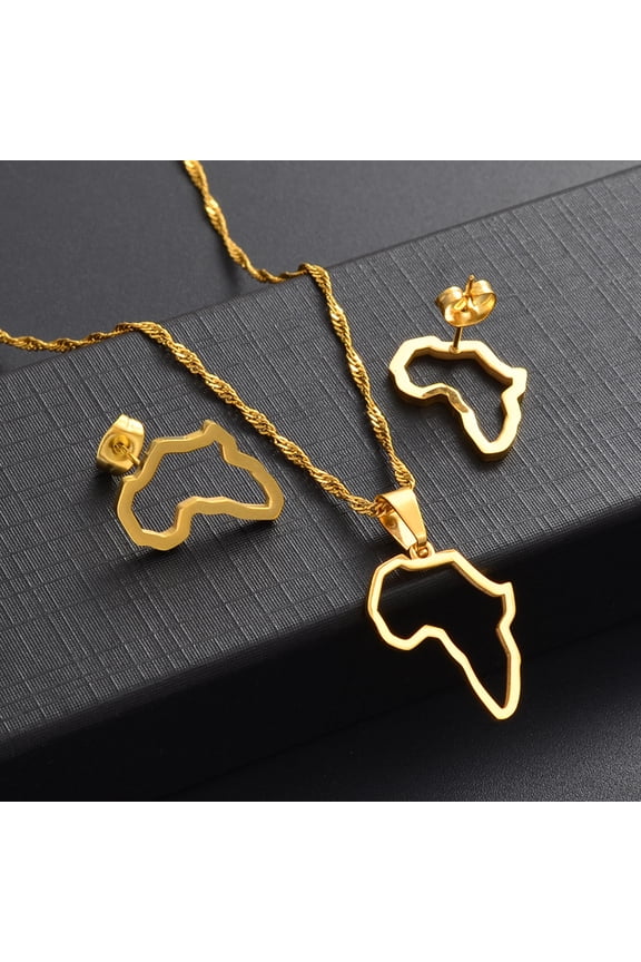 SMALL African Outline Map Necklaces Stud Earrings Sets 14k Yellow Gold Africa Map Jewelry Party Sets