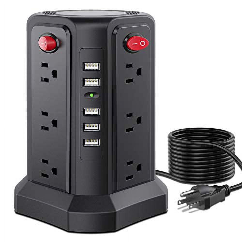 Black 12-Outlet Power Strip Tower with USB Ports