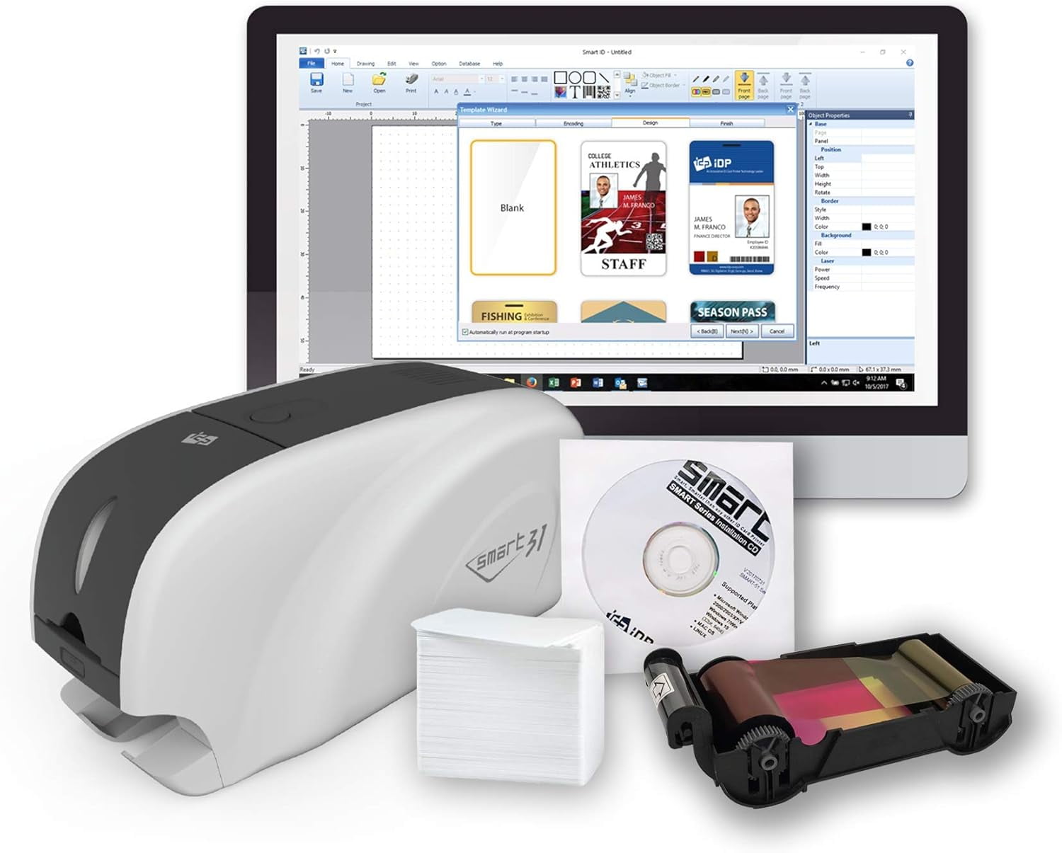 IDP SMART-31S ID Card Printer Kit: Includes Printer, Color Ribbon, 100 Cards and Software (23 sec/card YMCKO) (5 sec/card Mono) (300 dpi) (USB)