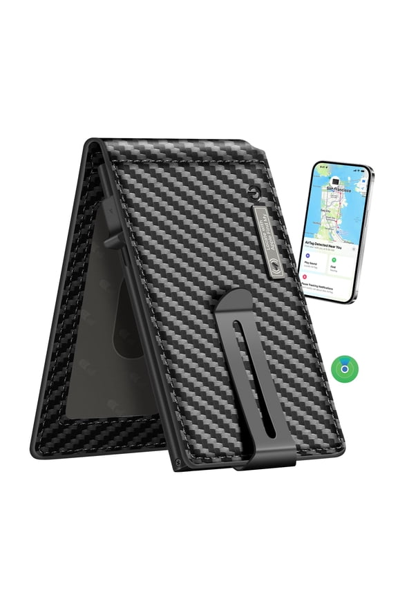 Fashion Slim Wallets for Men with Money Clip Mens Wallet Front Pocket Bifold (Carbon) Work with Apple Find my, iOS only, Wallet Tracker finder for Pop up Wallet Y101