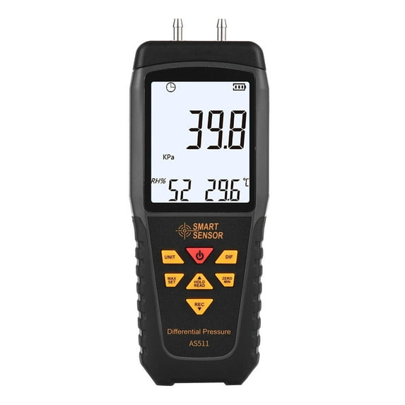 SMART SENSOR AS511 Digital Differential Pressure Gauge -39.98~39.98KPA Manometer Dual Port Air Gas Pressure Tester with LCD Backlight Display Supports Temperature & Humidity Measurement 12 Units Data
