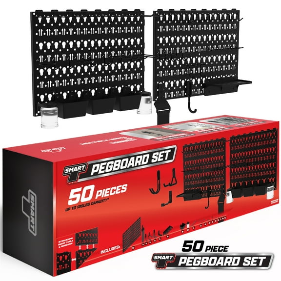 Smart T Garage Storage Pegboard Set | 50 Piece Tool Organizer - Heavy Duty Organizer Wall Mount or Shelving Hooks