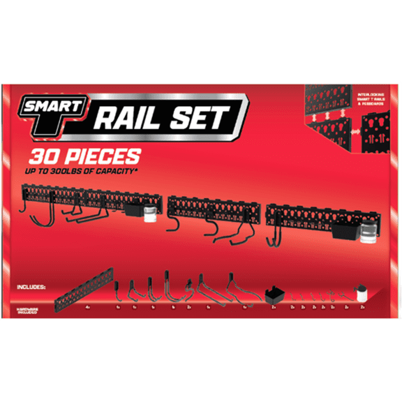 Smart T Garage Storage Wall Hooks | 30 Piece Rail Set - Heavy Duty Organizer Wall Mount or Shelving Hooks - Holds up to 180lbs
