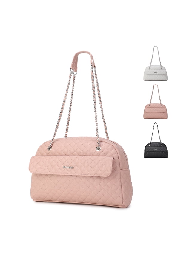 BE SMART Waterproof Handbags Women's Shoulder Bags, Soft PU Vegan Leather Top Handle Bag Ladies Rhombic Jacquard Evening Bag, Female Fashion Quilted Messenger Bag Large Hobo Purses Chain Satchel,Pink