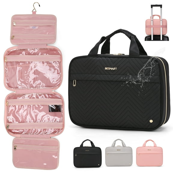 BE SMART Waterproof Hanging Toiletry Bag for Women, Large Capacity Travel Makeup Bag Lightweight Embroidery Washbag Cosmetic Bag for Travel Essentials Bags (Black)