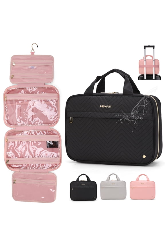 BE SMART Waterproof Hanging Toiletry Bag for Women, Large Capacity Travel Makeup Bag Lightweight Embroidery Washbag Cosmetic Bag for Travel Essentials Bags (Black)