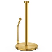 SMARTAKE Paper Towel Holder, Paper Towel Stand Weighted Base Non-Slip, Spring Arm Fit Most Size Paper Roll, Rustproof Stainless Steel for Home Kitchen Countertop Tabletop, Gold