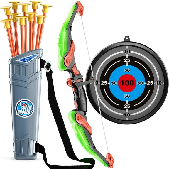 SMARTCHEF Toy Archery Set LED Light Up Kids Indoor and Outdoor with 10 Suction Cup Arrows, Target and Quiver