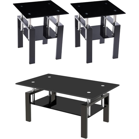 SMARTIK Glass Coffee Table Set of 3, Modern Black Living Room Tables, Coffee and End Tables, 3pcs Coffee Table Set for Living Room (All Black Set of 3)