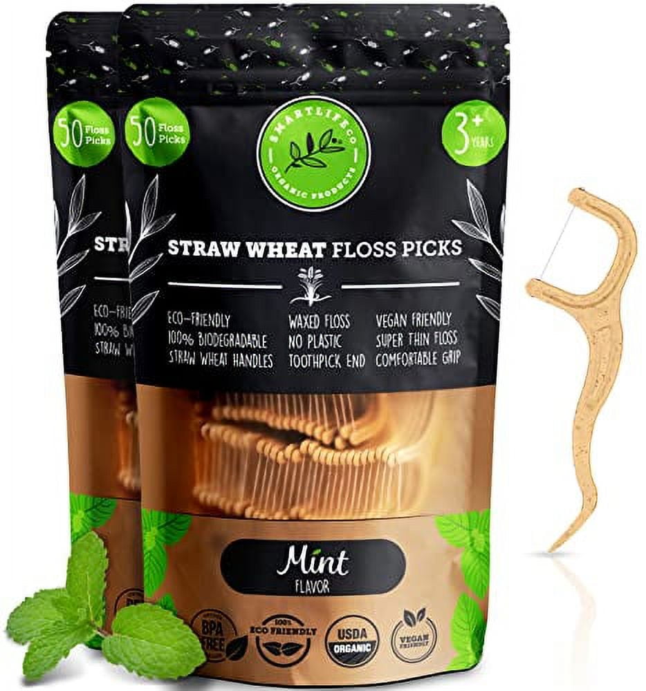 SMARTLIFECO Biodegradable Dental Floss Picks - Natural Plastic Free Handle, Thin Thread Tooth Flossers for Adults & Kids, Eco Friendly Toothpick Soft on Gum & Teeth, Zero Waste Vegan Organic, 100 mint