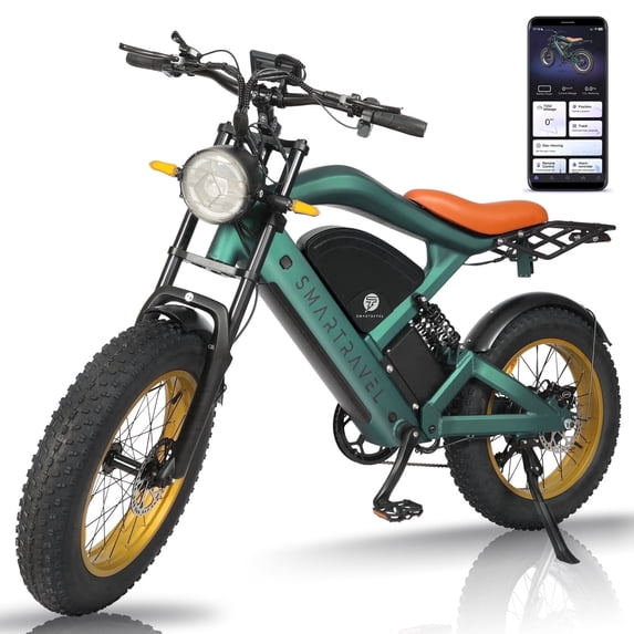 Smartravel Electric Bike for Adults,1500W Motor E-Mountain Bike 48V 27Ah,20"*4.0 Fat Tire,Up to 32MPH,GPS and APP Control Ebike,Front/Rear Turn Signals,UL2849
