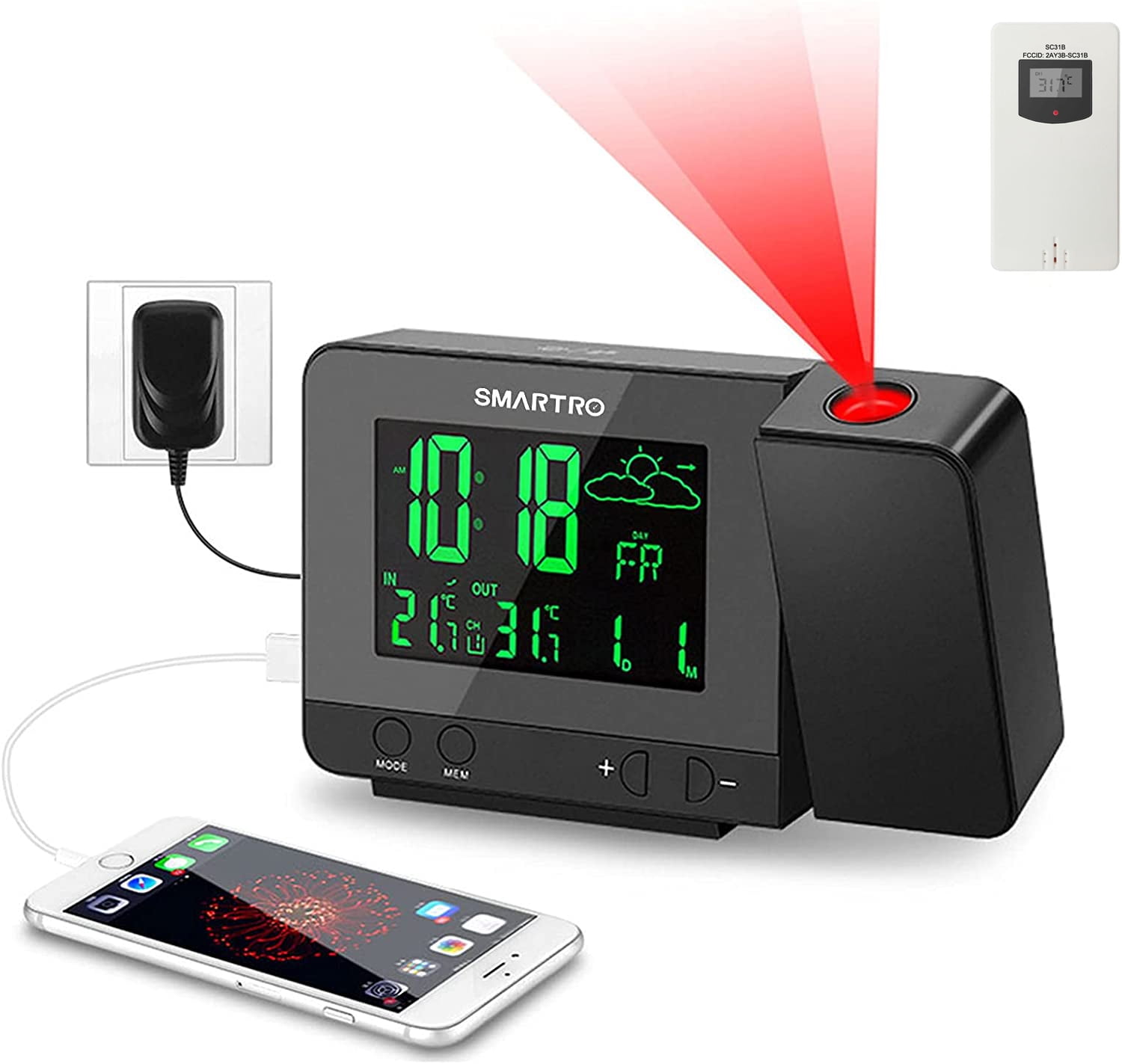 SMARTRO SC31B Digital Projection Alarm Clock with Indoor Outdoor Thermometer, Black