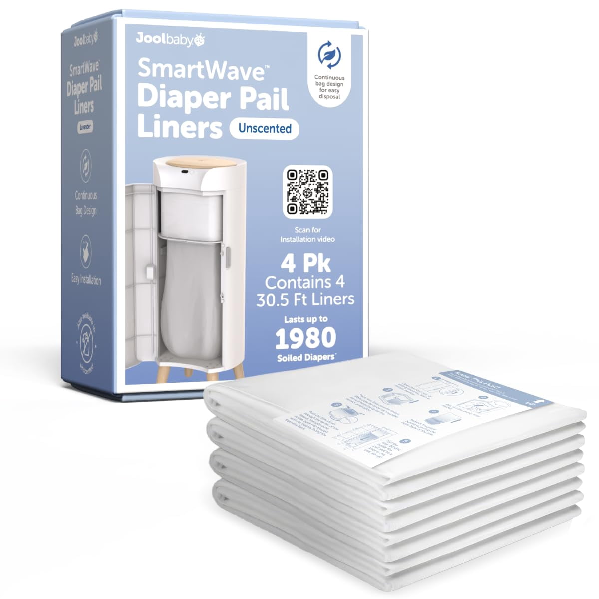 SMARTWAVE Diaper Pail Refill Liners (4-Pack) – Continuous Liner System - Unscented, Lasts Up to 1980 Diapers