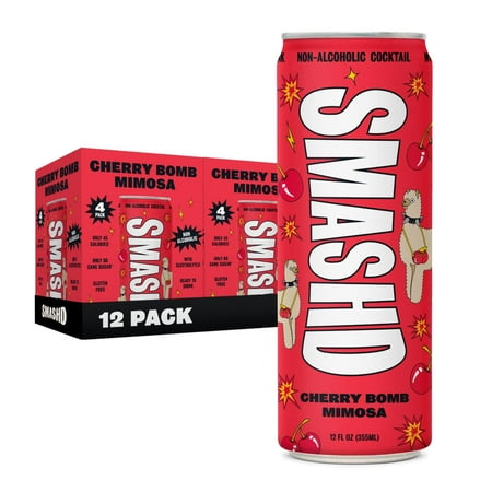 SMASHD Alcohol-Free Mocktails, Non-Alcoholic Beverage Flavored Sparkling Water, Champagne alternative No Artificial Flavors, Caffeine-Free, with electrolytes, 12 Oz Cherry Bomb Mimosa, 12 Pack