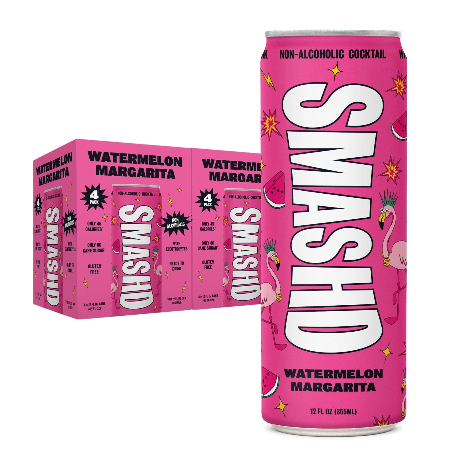 SMASHD Alcohol-Free Mocktails, Non-Alcoholic Beverage Flavored Sparkling Water, Tequila alternative No Artificial Flavors, Caffeine-Free, with electrolytes, 12 Oz&nbsp;Watermelon Margarita, 12 Pack