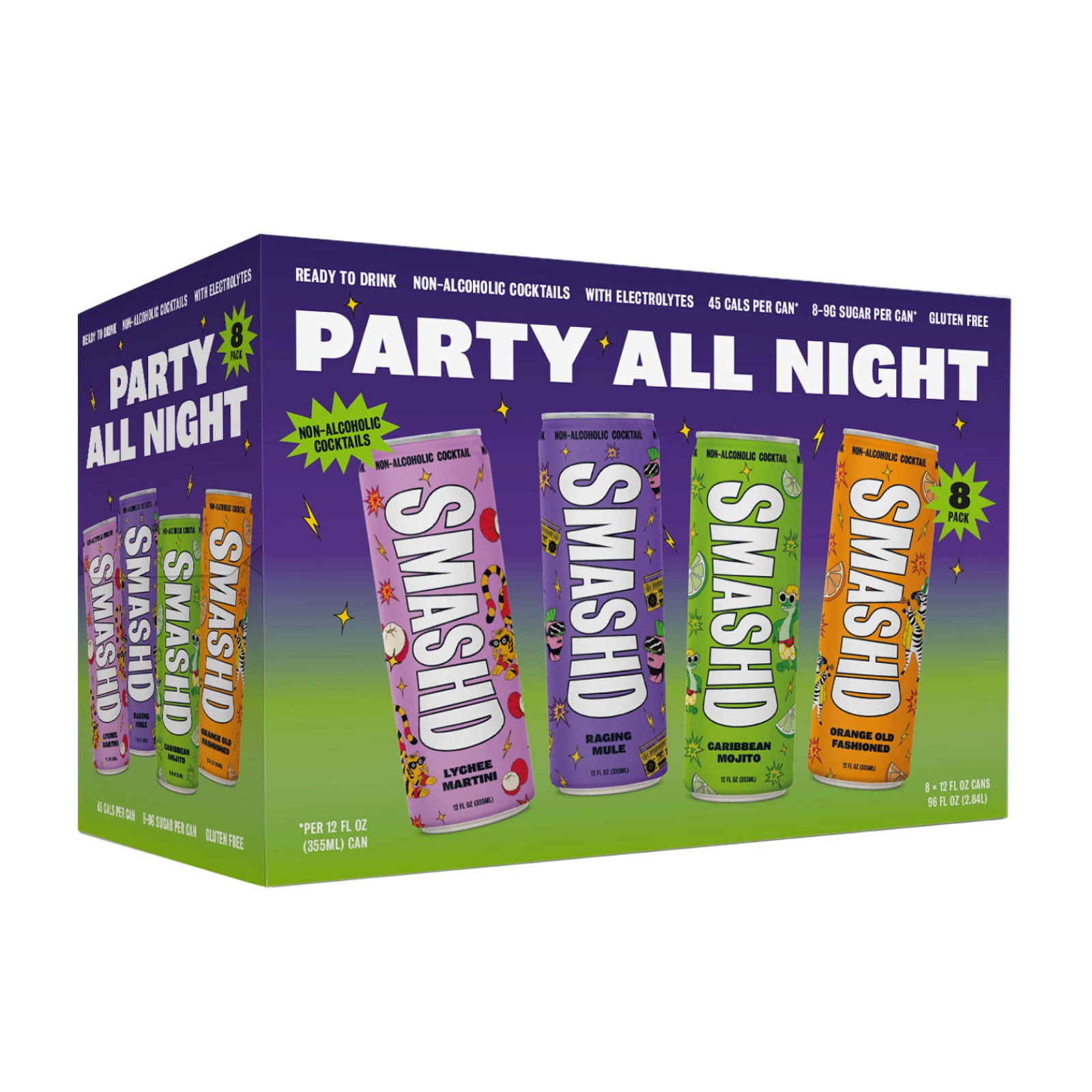 SMASHD Alcohol-Free Mocktails, Non-Alcoholic Beverage Flavored Sparkling Water, Whiskey alternative No Artificial Flavors, Caffeine-Free with electrolytes, Variety Pack 12 Oz Party All Night 8 Pack
