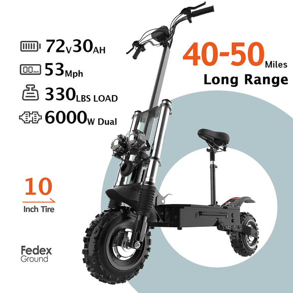 SMATEIGHT Foldable Adults Electric Scooter, 72V 6000W E-scooter with Seat, 53MPH & 50Miles, 11" Off Road Tires Dual Disc Brake, Hydraulic Suspension