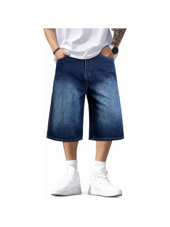 Men's Relaxed Fit Denim Shorts Below Knee - Dark Blue, Size 32