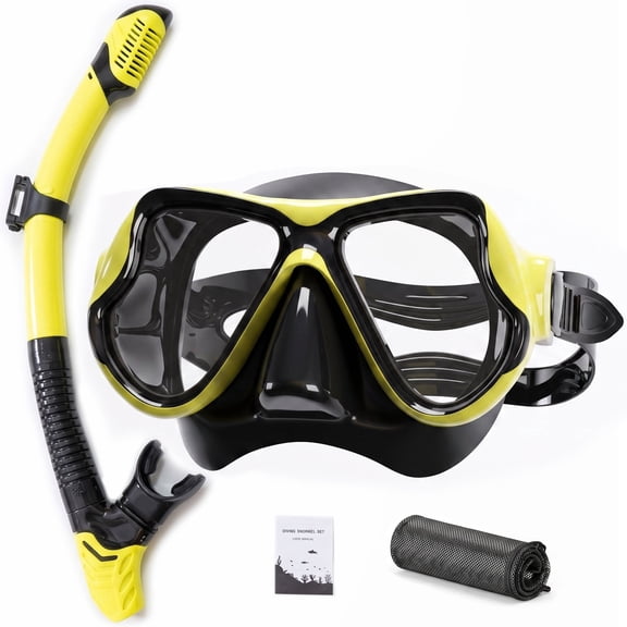 SMBT Snorkeling Gear for Adults, Dry-Top Snorkel Set Scuba Diving mask, 180°Panoramic Wide View Professional Snorkeling Gear Breathing Freely Snorkel Mask,Yellow