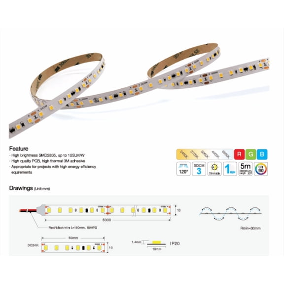 SMD 2835 120 LED/M Constant Current LED Strip +90CRI IP20 24V DC 10 mm 5M (16.56 feet)/Roll, 3000K