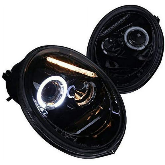 SMD LED Halo Projector Headlight In Gloss Black Housing Smoke Lens Made For And Compatible With 1998 - 2005 VW Volkswagen Beetle 98 99 00 01 02 03 04 05
