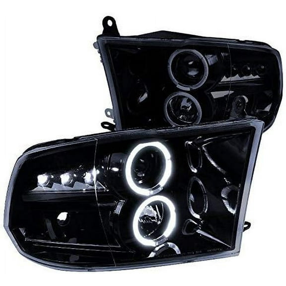 SMD LED Halo Projector Headlight In Gloss Black Housing Smoke Lens Made For And Compatible With 2009 - 2018 Dodge RAM 1500 2500 3500 09 10 11 12 13 14 15 16 17 18