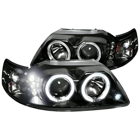 SMD LED Halo Projector Headlight In Black Housing Clear Lens Made For And Compatible With 1999 - 2004 Ford Mustang 99 00 01 02 03 04