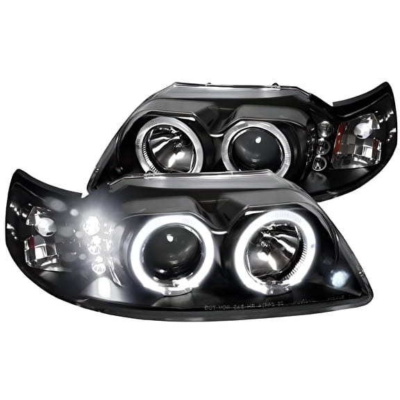 SMD LED Halo Projector Headlight In Black Housing Clear Lens Made For And Compatible With 1999 - 2004 Ford Mustang 99 00 01 02 03 04