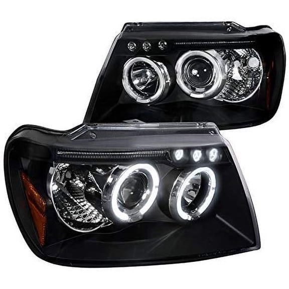 SMD LED Halo Projector Headlight In Black Housing Clear Lens Made For And Compatible With 1999 - 2004 Jeep Grand Cherokee 99 00 01 02 03 04