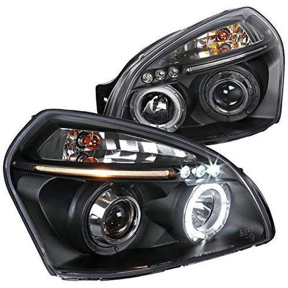 SMD LED Halo Projector Headlight In Black Housing Clear Lens Made For And Compatible With 2005 - 2009 Hyundai Tucson 05 06 07 08 09