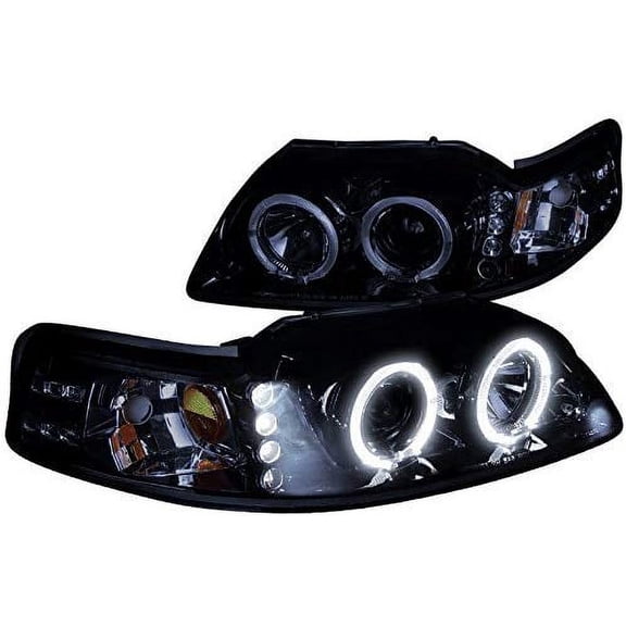SMD LED Halo Projector Headlight In Gloss Black Housing Smoke Lens Made For And Compatible With 1999 - 2004 Ford Mustang 99 00 01 02 03 04