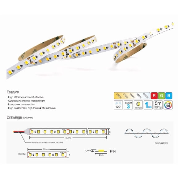 SMD2835 120 LED/Meter 24V DC 8mm +90CRI IP20 Copper 2 OZ Light Efficiency 865Lm/m, 5M (16.56feet) /Roll 4000K