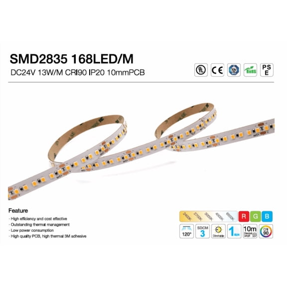 SMD2835 168 LED/M 10mm Run LED Strip +90CRI IP20 24V DC 10 Meters (32.8 feet) Roll, 6500K