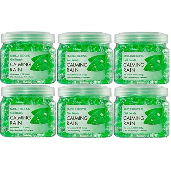 SMELLS BEGONE 12 oz Odor Eliminator Gel - Air Freshener - Absorbs & Eliminates Odor in Bathrooms, Cars, Boats, RVs & Pet Areas - Made with Essential Oils - Calming Rain Scent (6-Pack)