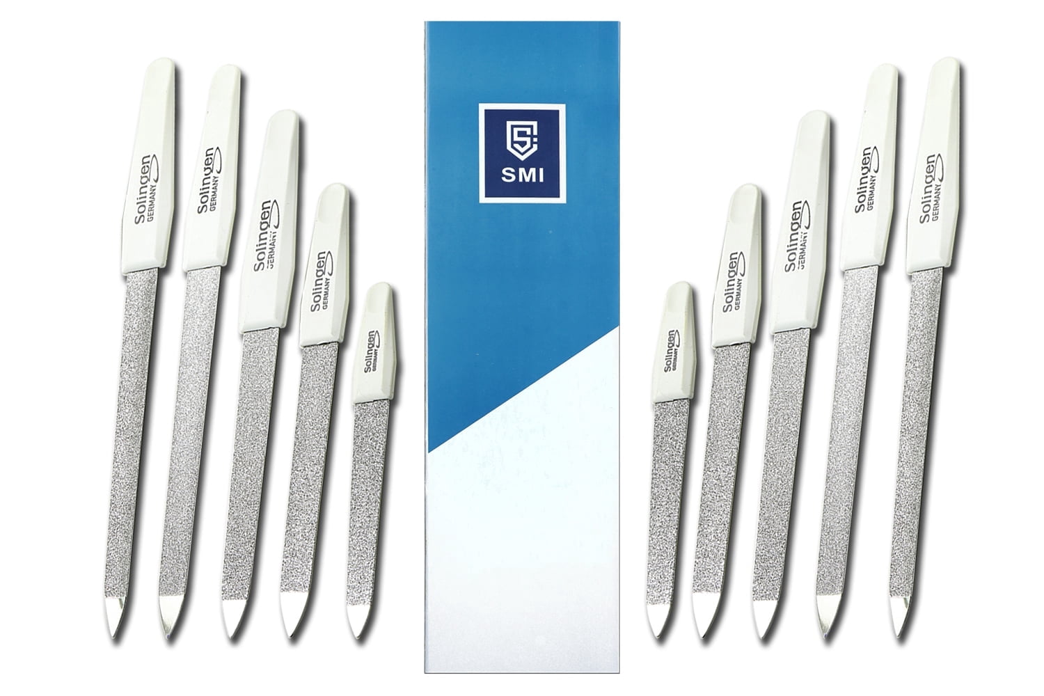 SMI 10 Pcs Solingen Germany Sapphire Nail File Set + 2 Curved File - Fine and Coarse Nail Files - Double Sided Professional Manicure Pedicure Kit Best Nail File for Fingernail Toenail Care