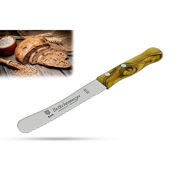 SMI Serrated Bread Knife 11.3 cm - German Stainless Steel with Olive Wood Handle, Wide Blade Butter Spreader, Hand Wash Only
