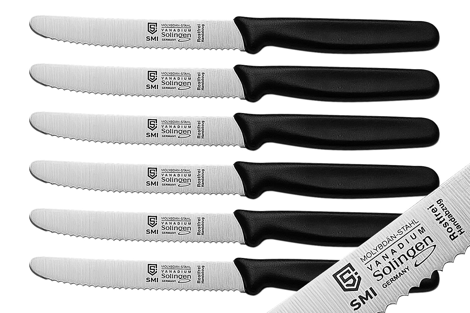 SMI 4.3-Inch German Solingen 6 Pcs Tomato Knife Set Serrated Blade Utility Knives Kitchen Knife - Black