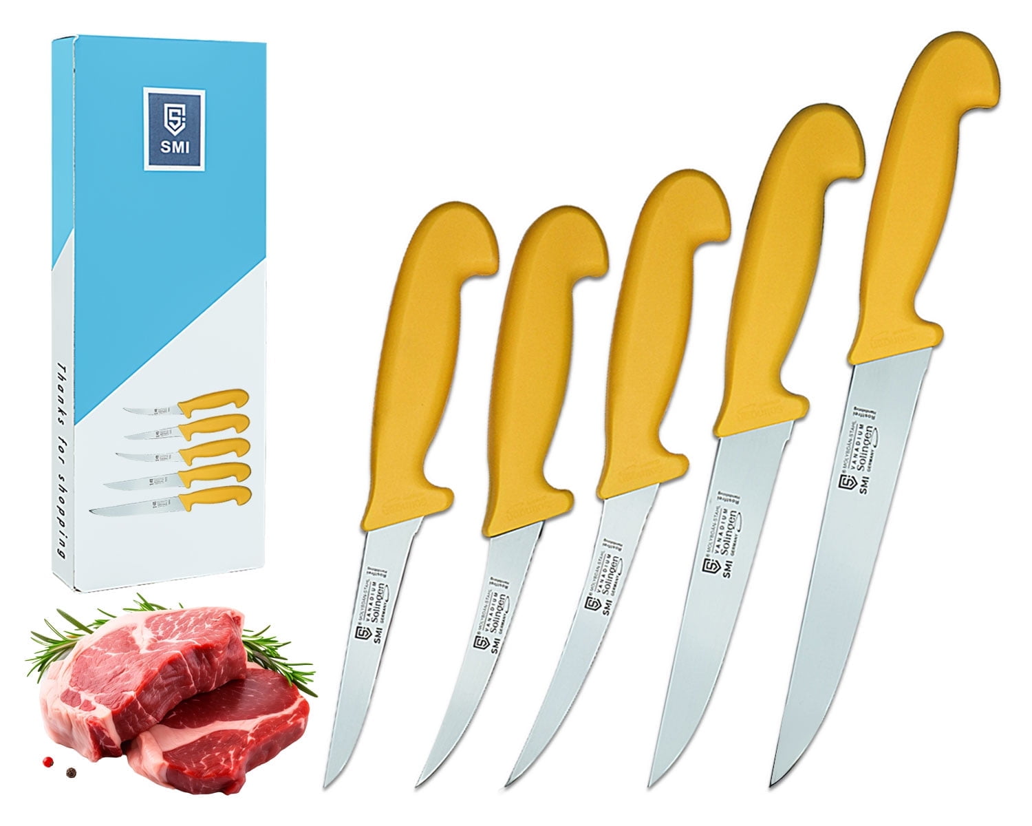 SMI 5-Piece Solingen Butcher Knife Set - Professional German Steel Kitchen Knives