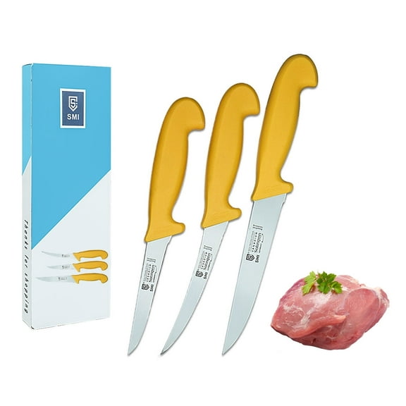 SMI Solingen 3-Piece Butcher Knife Set with 5", 6", and 8" Stainless Steel Blades for Cutting Meat