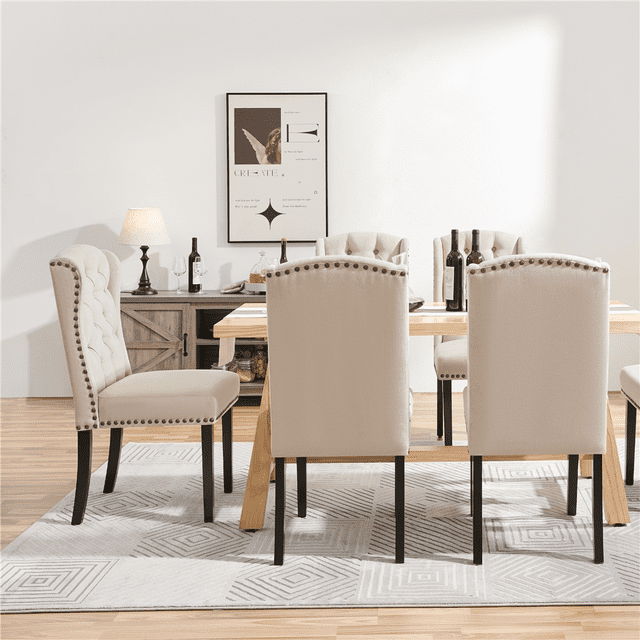 SMILE MART 2pcs Upholstered Tufted Dining Chairs with Wing Design for Kitchen, Beige