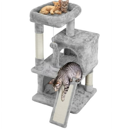 SMILE MART 36" Cat Tree with Condo and Scratching Post Tower, Light Gray