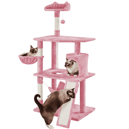 Alden Design 63?H Multi Level Cat Tree Condo with Basket & Hammock & Scratching Post for Small/Medium Cats, Pink