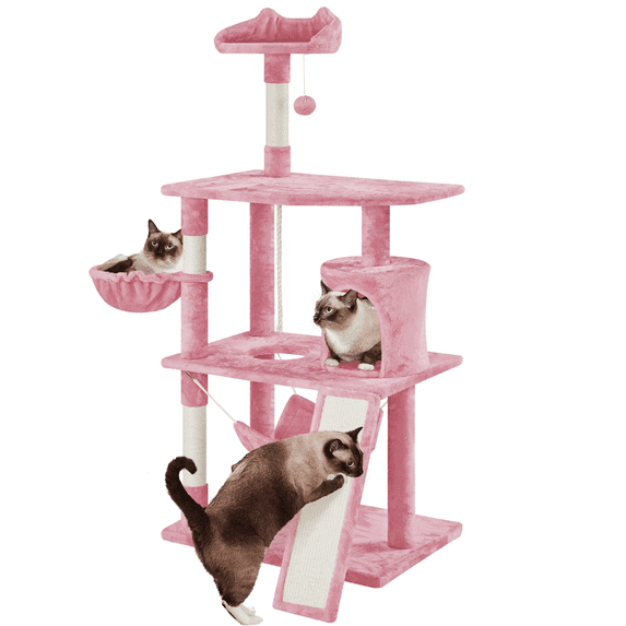 Alden Design 63″H Multi Level Cat Tree Condo with Basket & Hammock & Scratching Post for Small/Medium Cats, Pink