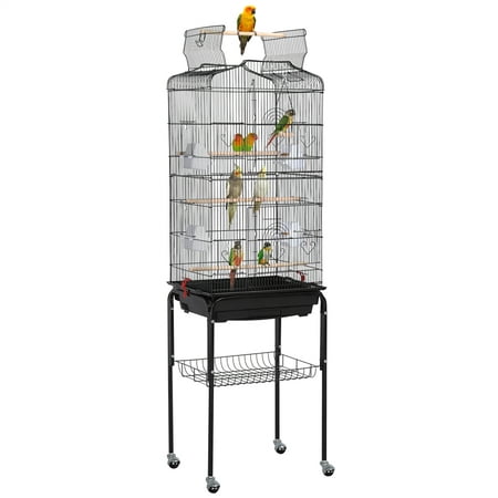 SMILE MART 64" Open Top Metal Bird Cage with Detachable Rolling Stand, Black