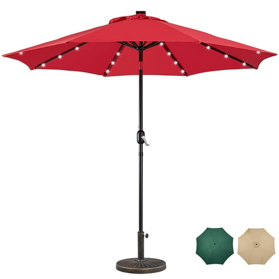 Alden Design 9FT LED Patio Umbrella with 8 Ribs Tilt and Crank + Patio Umbrella Base,Red
