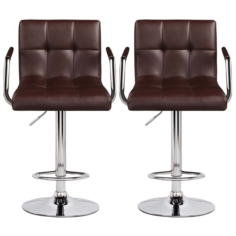 Brown Adjustable Swivel Faux Leather Bar Stools with Metal Base, Set of 2
