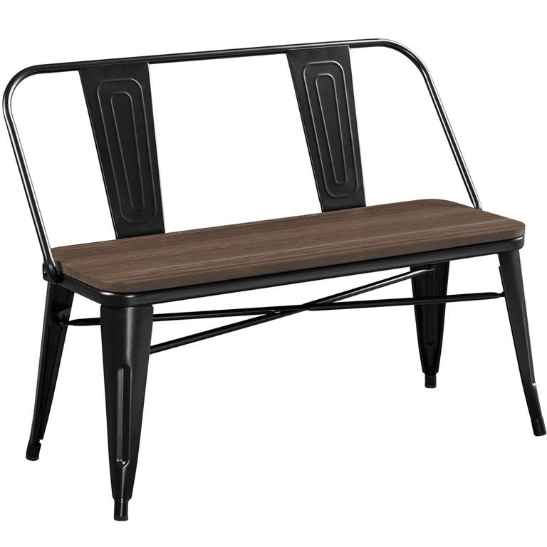 Alden Design Industrial Metal Dining Bench with Wooden Top for Patio Kitchen Garden Black