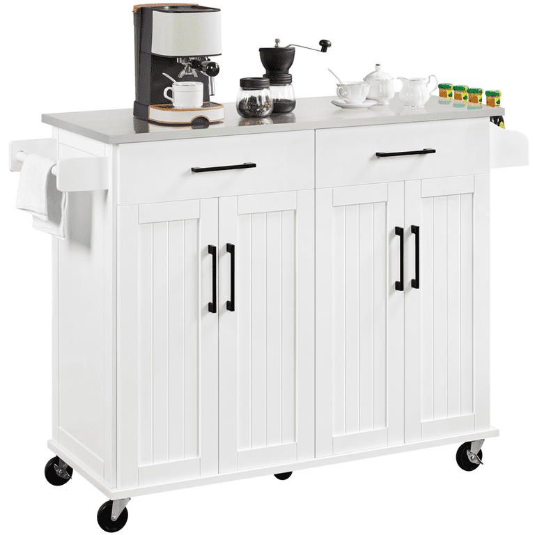SMILE MART Large Kitchen Island on Wheels with Storage Drawers Cabinets White