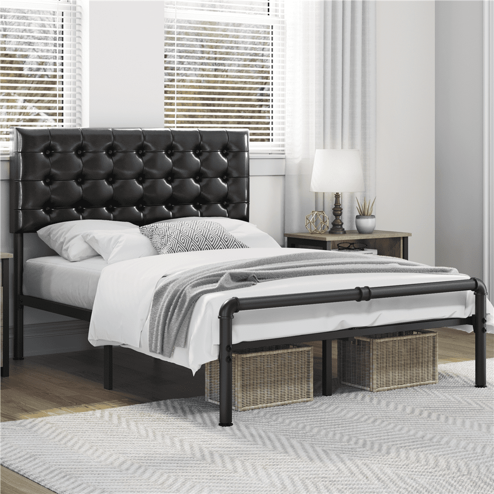 Alden Design Metal Platform Full Bed with Tufted Faux Leather Headboard ...